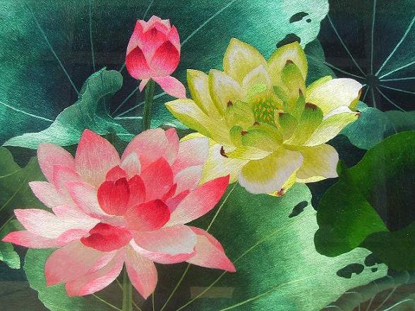 荷花蘇繡裝飾畫(huà) 荷花 荷葉刺繡畫(huà)