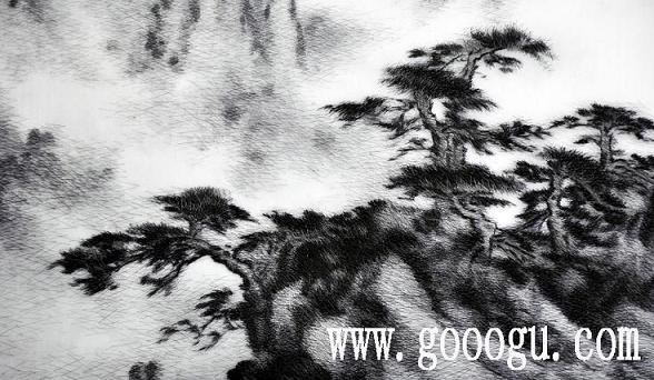 亂針繡精品，風(fēng)景蘇繡畫，手工刺繡風(fēng)景畫，黃山云海
