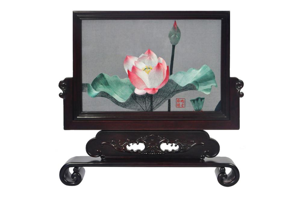 荷花雙面繡臺(tái)屏 紅木臺(tái)屏 刺繡雙面繡